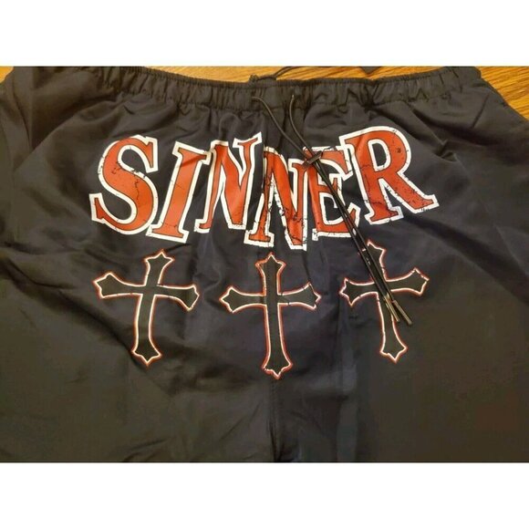 Fashion Nova Swimtrunks Men's Size M Black Red Sinner Crucifix's Mesh Lining NWT - Picture 2 of 11
